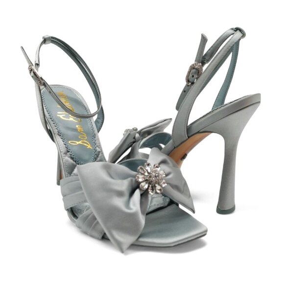 Sam Edelman Lexi Size 9 Cape Blue Satin Embellished Bow Ankle Strap Dress Sandal - Picture 10 of 16